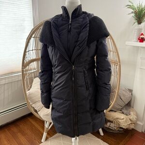 Mackage Montreal Navy Blue Down Puffer Coat Knit Collar Leather Trim Size M